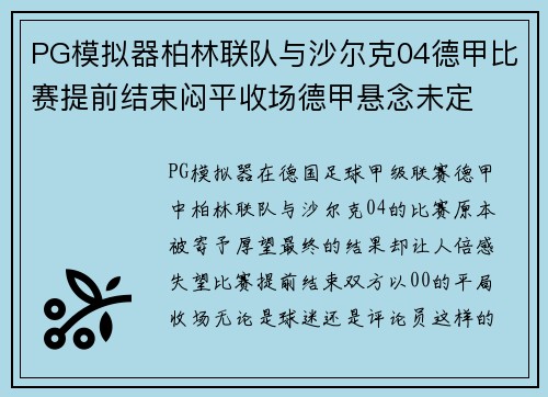 PG模拟器柏林联队与沙尔克04德甲比赛提前结束闷平收场德甲悬念未定