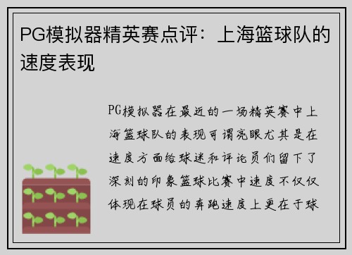 PG模拟器精英赛点评：上海篮球队的速度表现